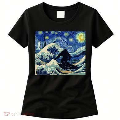 Starry Night Bigfoot Surfing Great Wave Off Kanagawa Women's T-Shirt
