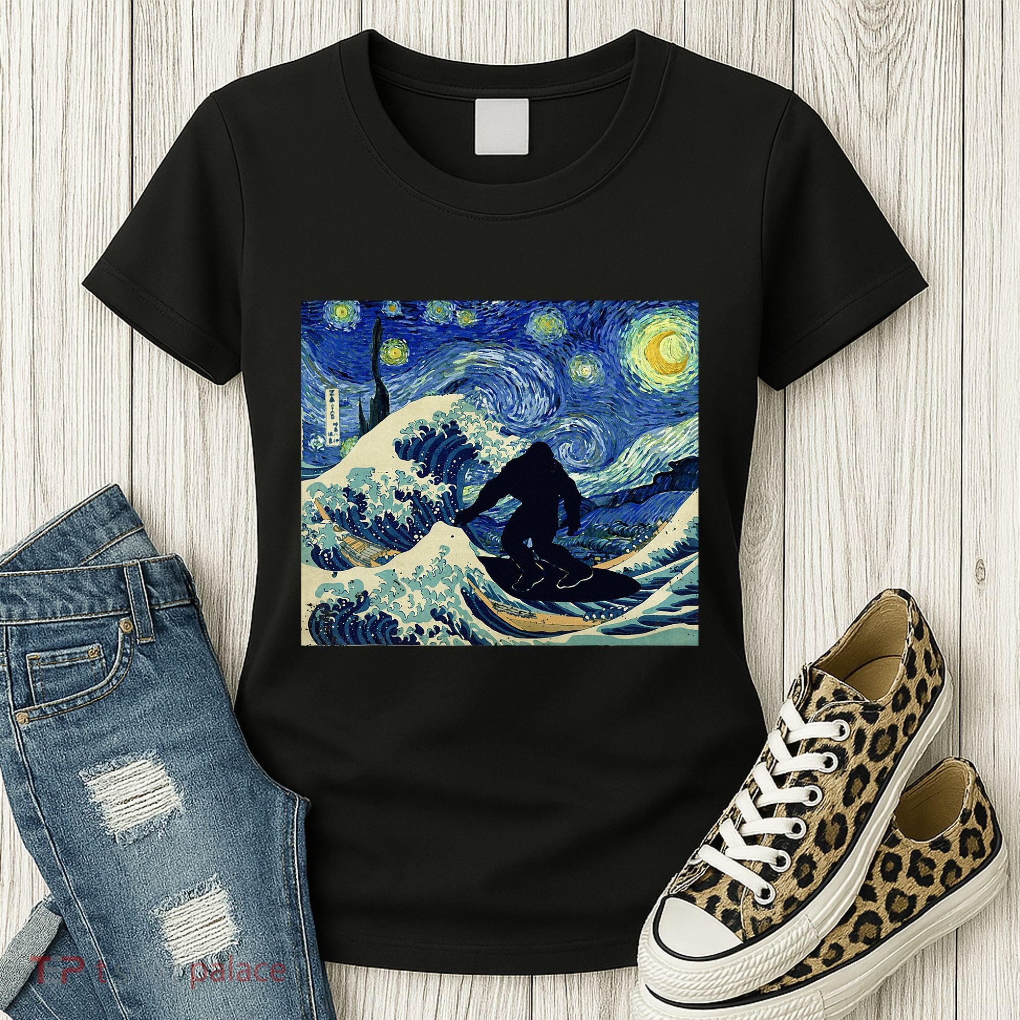 Starry Night Bigfoot Surfing Great Wave Off Kanagawa Women's T-Shirt