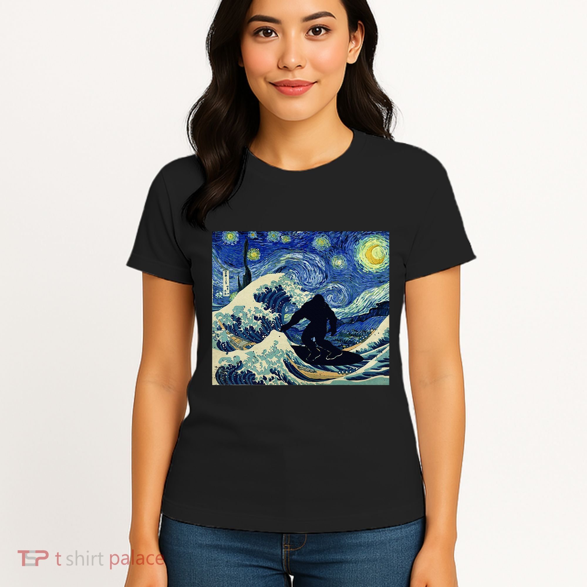 Starry Night Bigfoot Surfing Great Wave Off Kanagawa Women's T-Shirt
