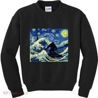 Starry Night Bigfoot Surfing Great Wave Off Kanagawa Kids Sweatshirt thumb 0