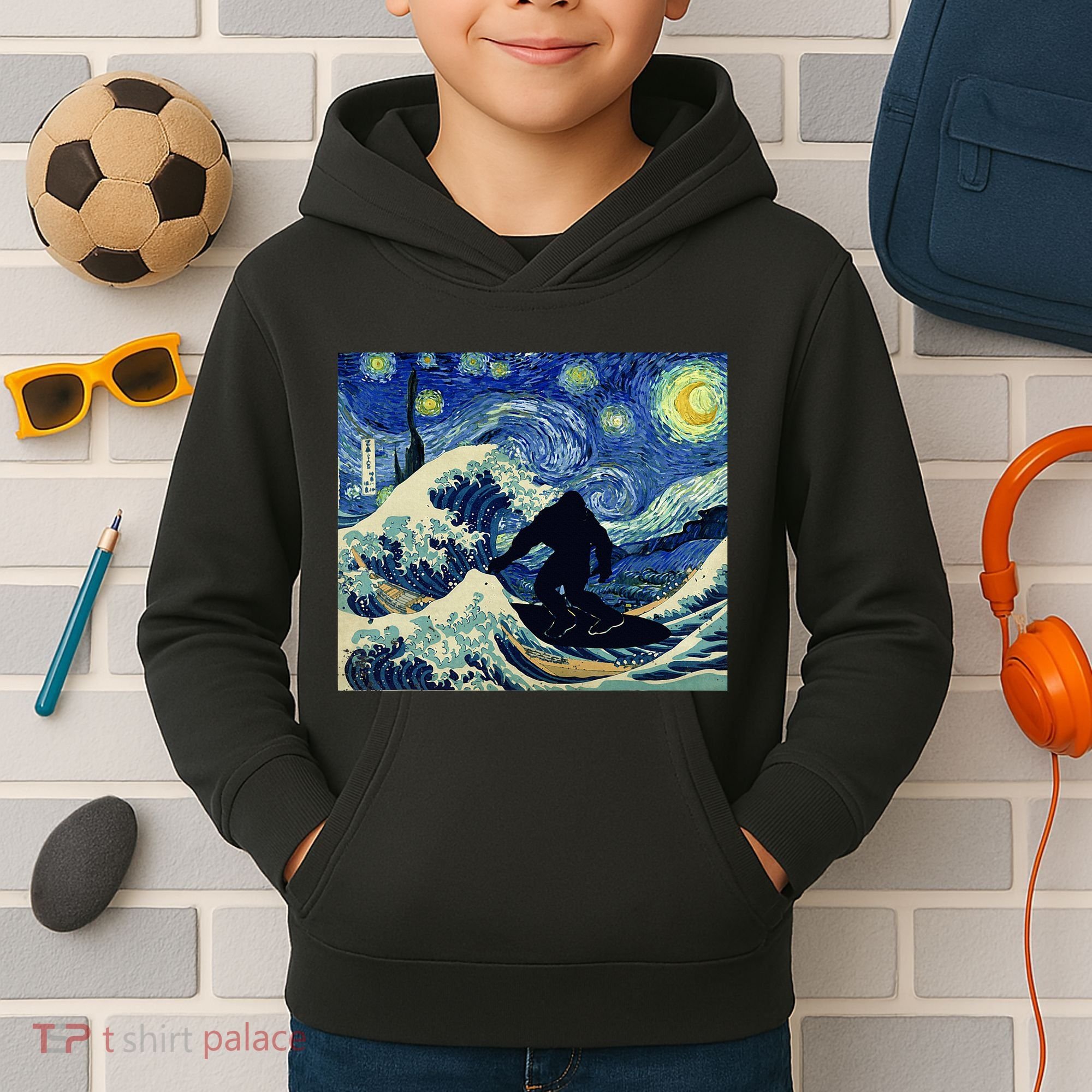 Starry Night Bigfoot Surfing Great Wave Off Kanagawa Kids Hoodie