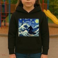 Starry Night Bigfoot Surfing Great Wave Off Kanagawa Kids Hoodie thumb 3