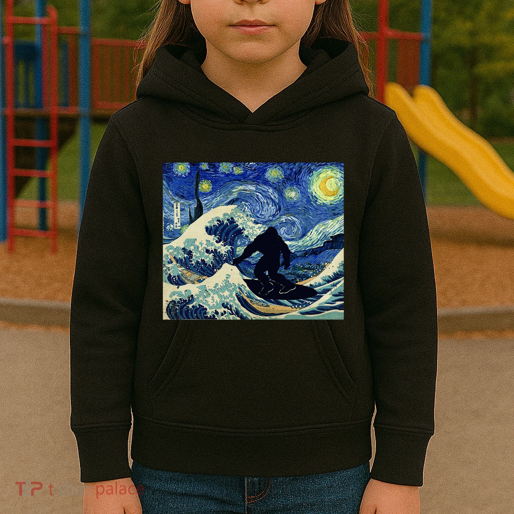 Starry Night Bigfoot Surfing Great Wave Off Kanagawa Kids Hoodie
