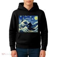 Starry Night Bigfoot Surfing Great Wave Off Kanagawa Kids Hoodie thumb 4