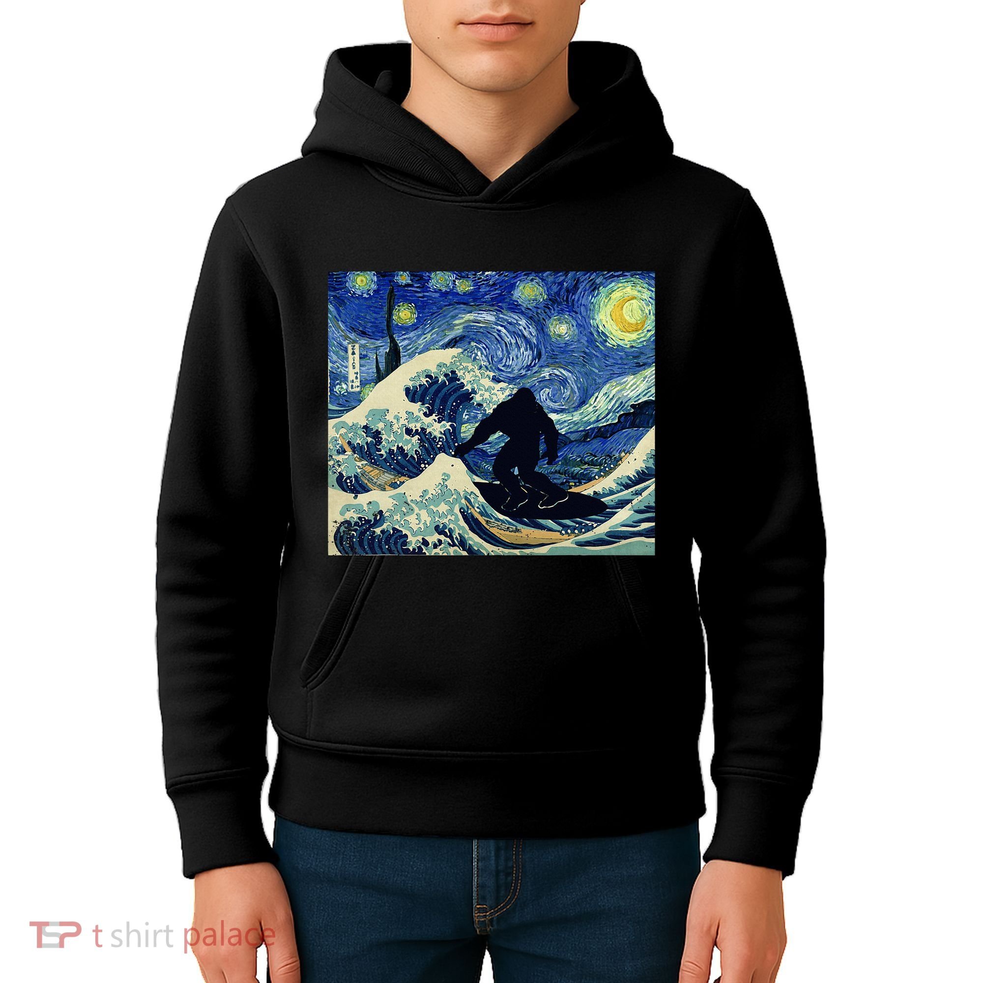 Starry Night Bigfoot Surfing Great Wave Off Kanagawa Kids Hoodie