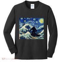 Starry Night Bigfoot Surfing Great Wave Off Kanagawa Kids Long Sleeve Shirt thumb 0