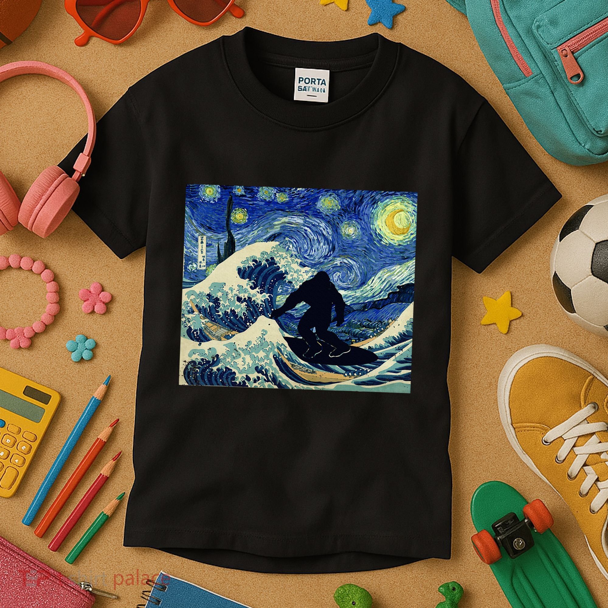 Starry Night Bigfoot Surfing Great Wave Off Kanagawa Kids T-Shirt