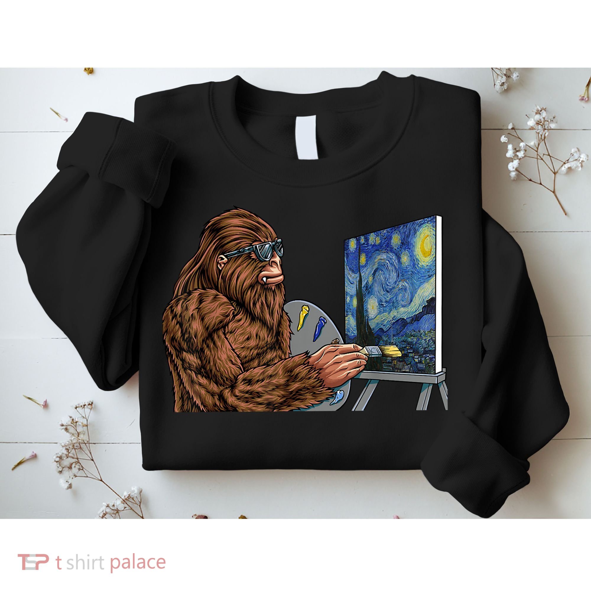 Starry Night Bigfoot Painting Funny Sasquatch Graphic Art Sweatshirt