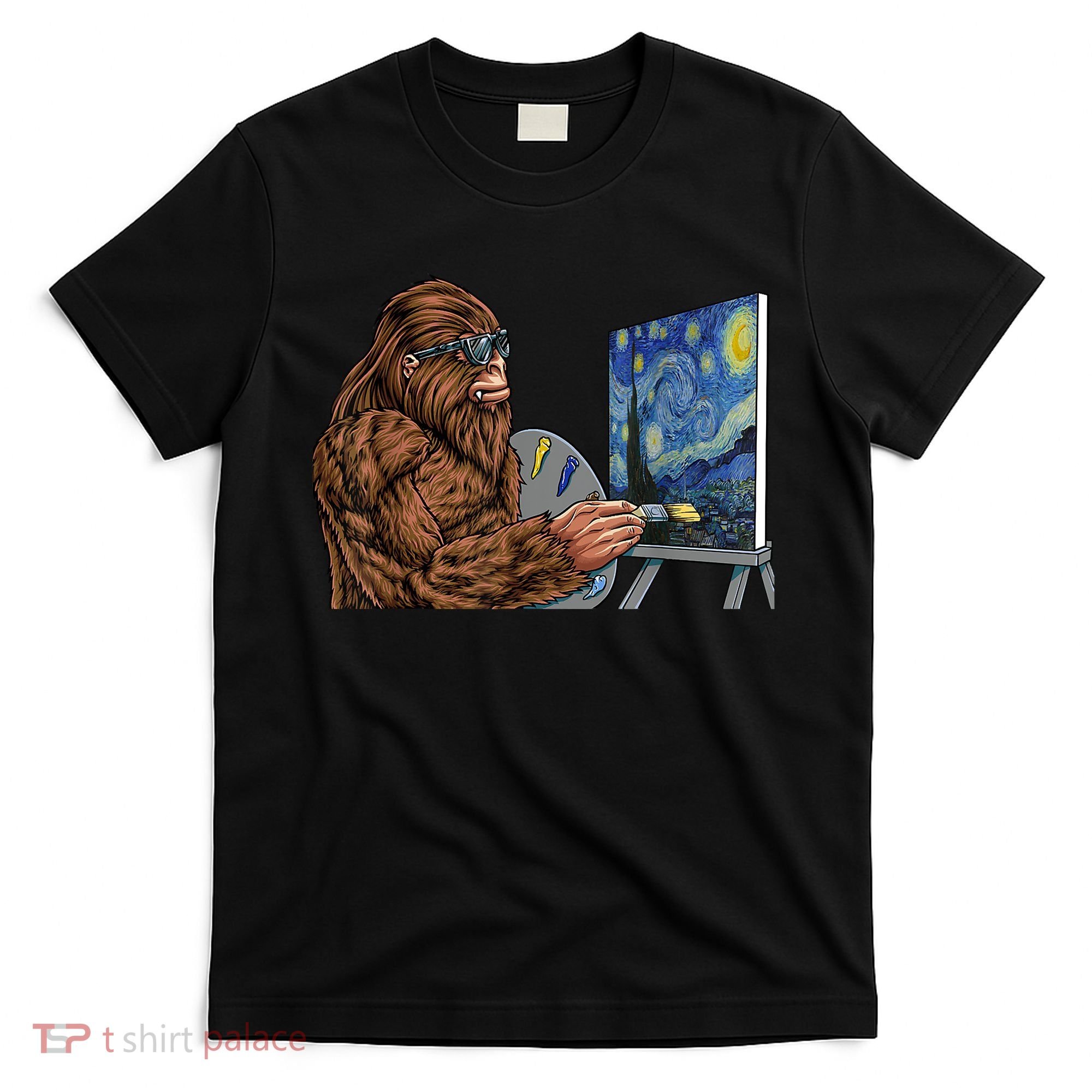 Starry Night Bigfoot Painting Funny Sasquatch Graphic Art T-Shirt