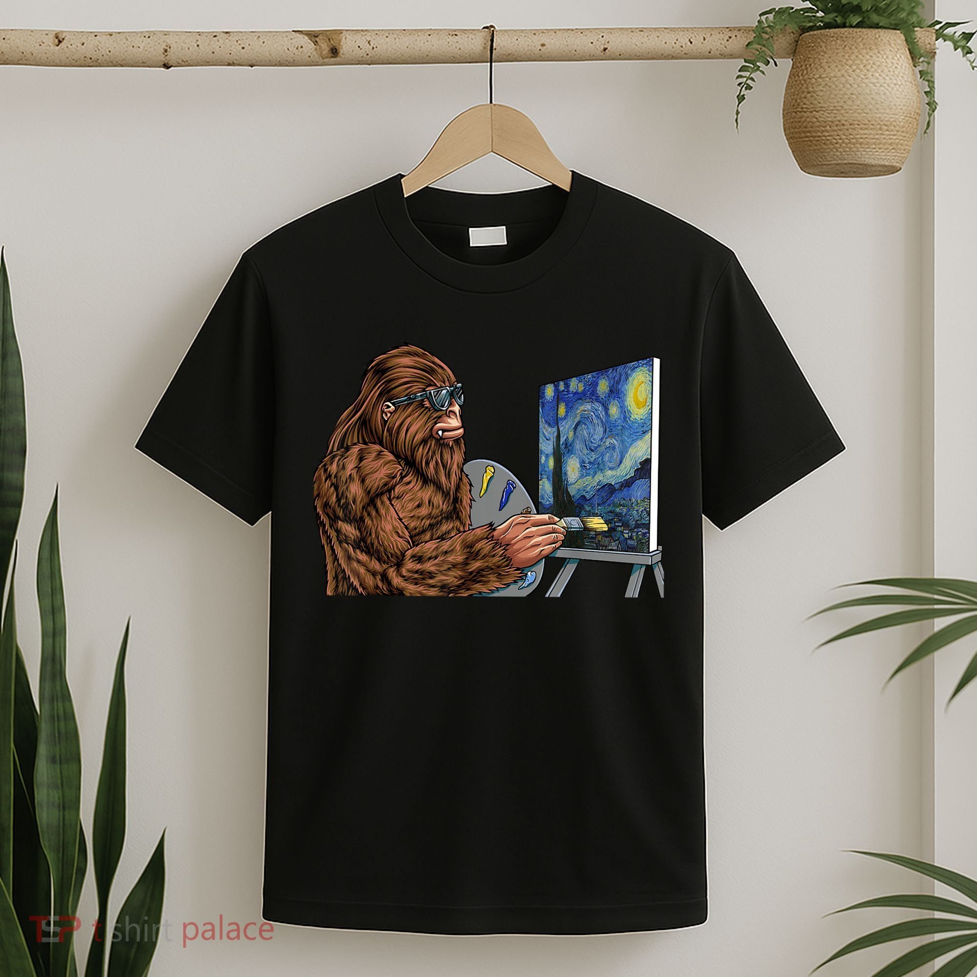 Starry Night Bigfoot Painting Funny Sasquatch Graphic Art T-Shirt