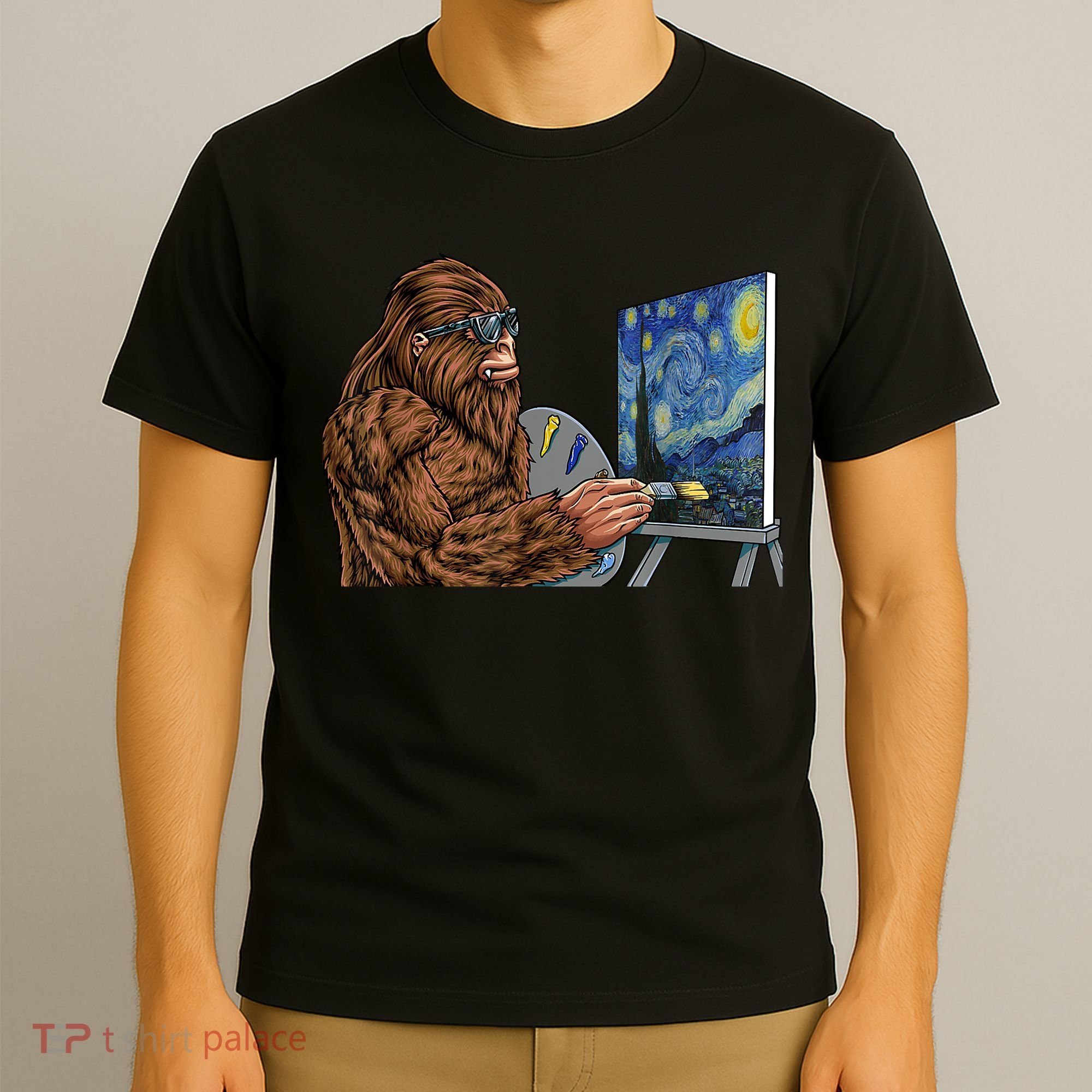 Starry Night Bigfoot Painting Funny Sasquatch Graphic Art T-Shirt