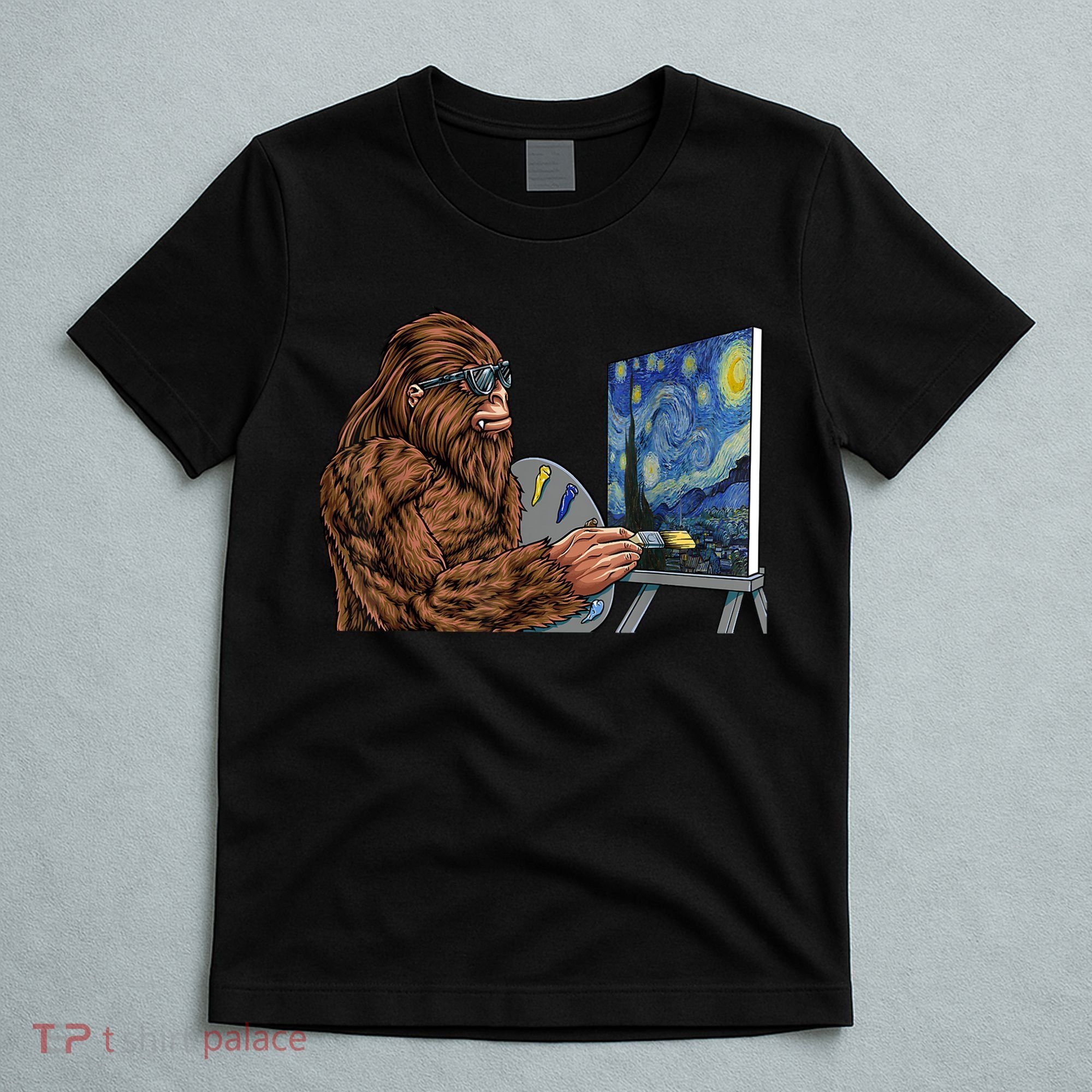 Starry Night Bigfoot Painting Funny Sasquatch Graphic Art T-Shirt