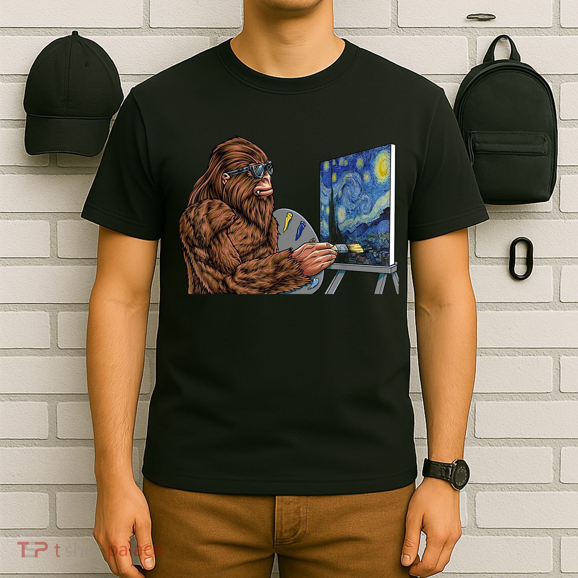 Starry Night Bigfoot Painting Funny Sasquatch Graphic Art T-Shirt