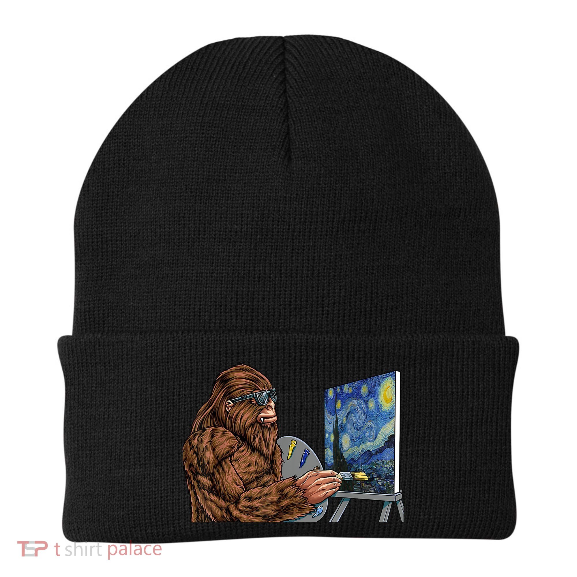 Starry Night Bigfoot Painting Funny Sasquatch Graphic Art Beanie