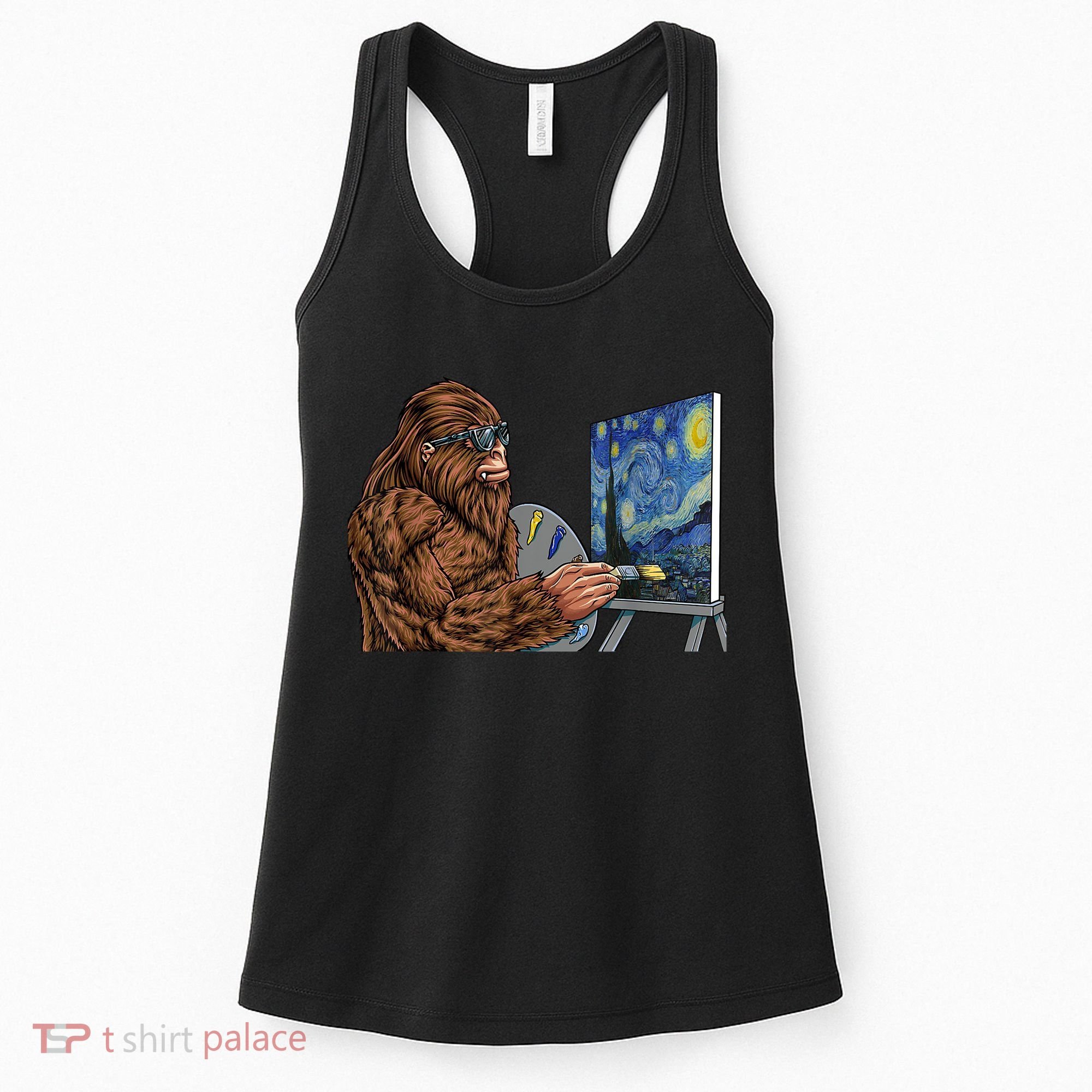 Starry Night Bigfoot Painting Funny Sasquatch Graphic Art Women's Tank Top