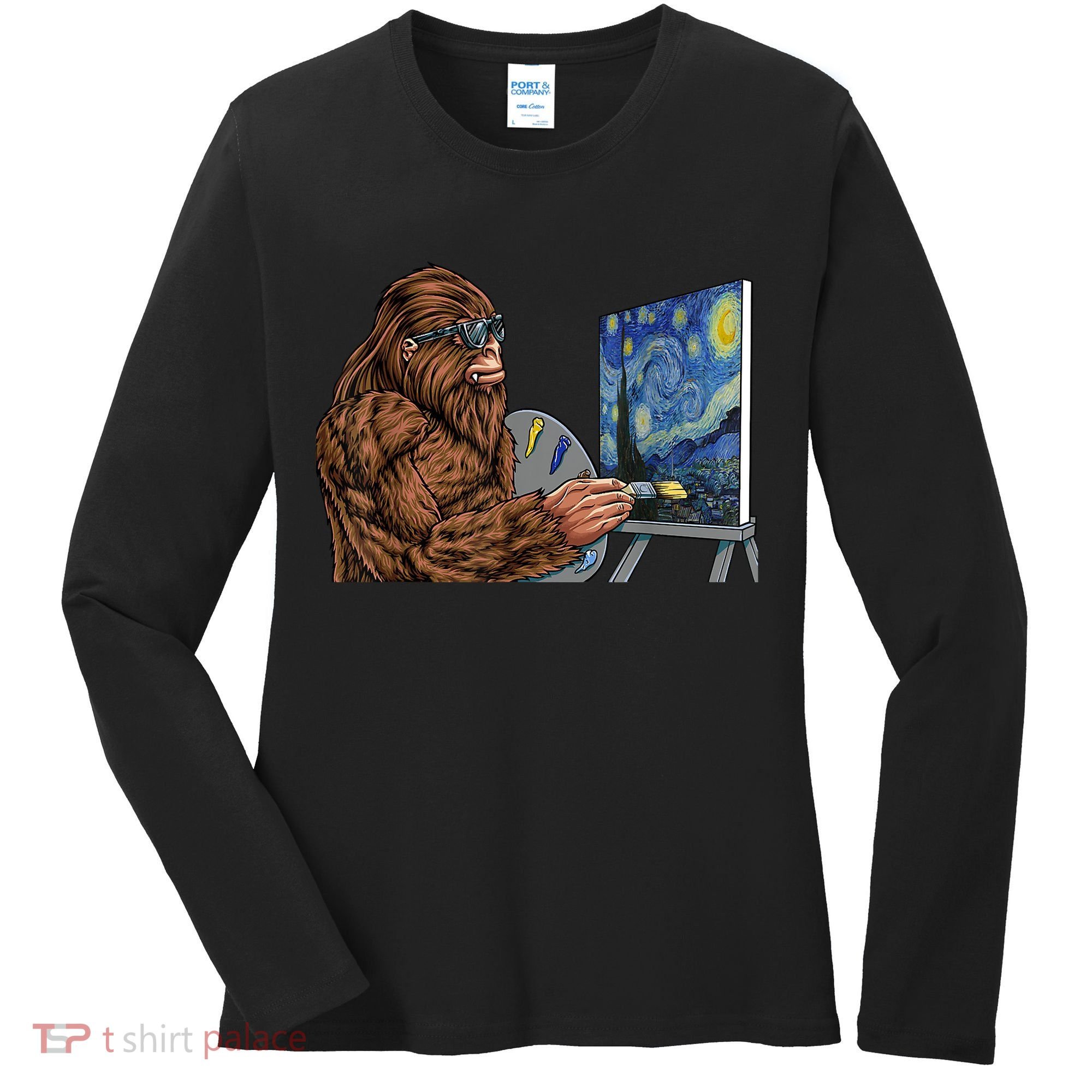Starry Night Bigfoot Painting Funny Sasquatch Graphic Art Women's Long Sleeve Shirt
