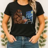 Starry Night Bigfoot Painting Funny Sasquatch Graphic Art Women's T-Shirt thumb 2