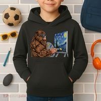Starry Night Bigfoot Painting Funny Sasquatch Graphic Art Kids Hoodie thumb 2