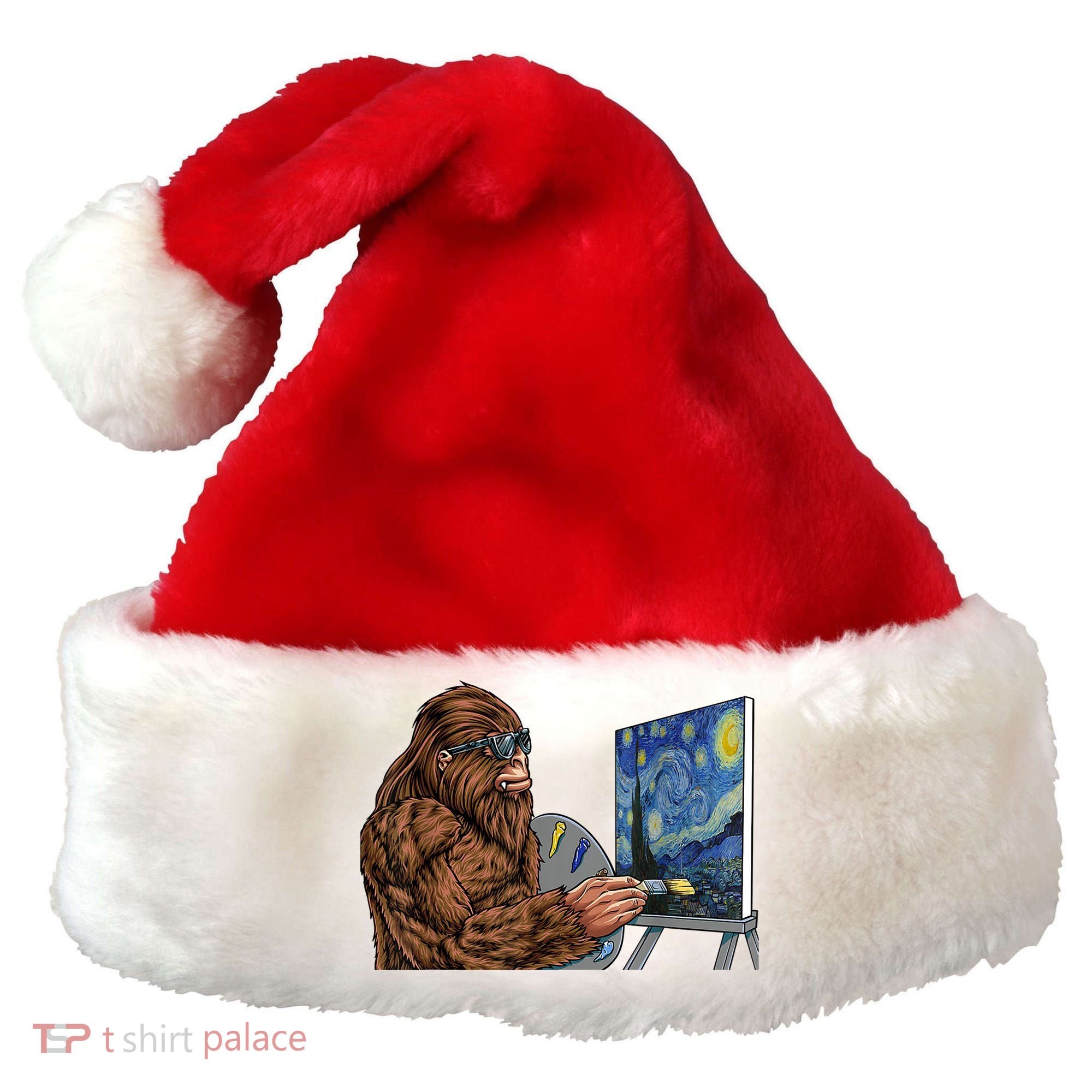 Starry Night Bigfoot Painting Funny Sasquatch Graphic Art Santa Hat