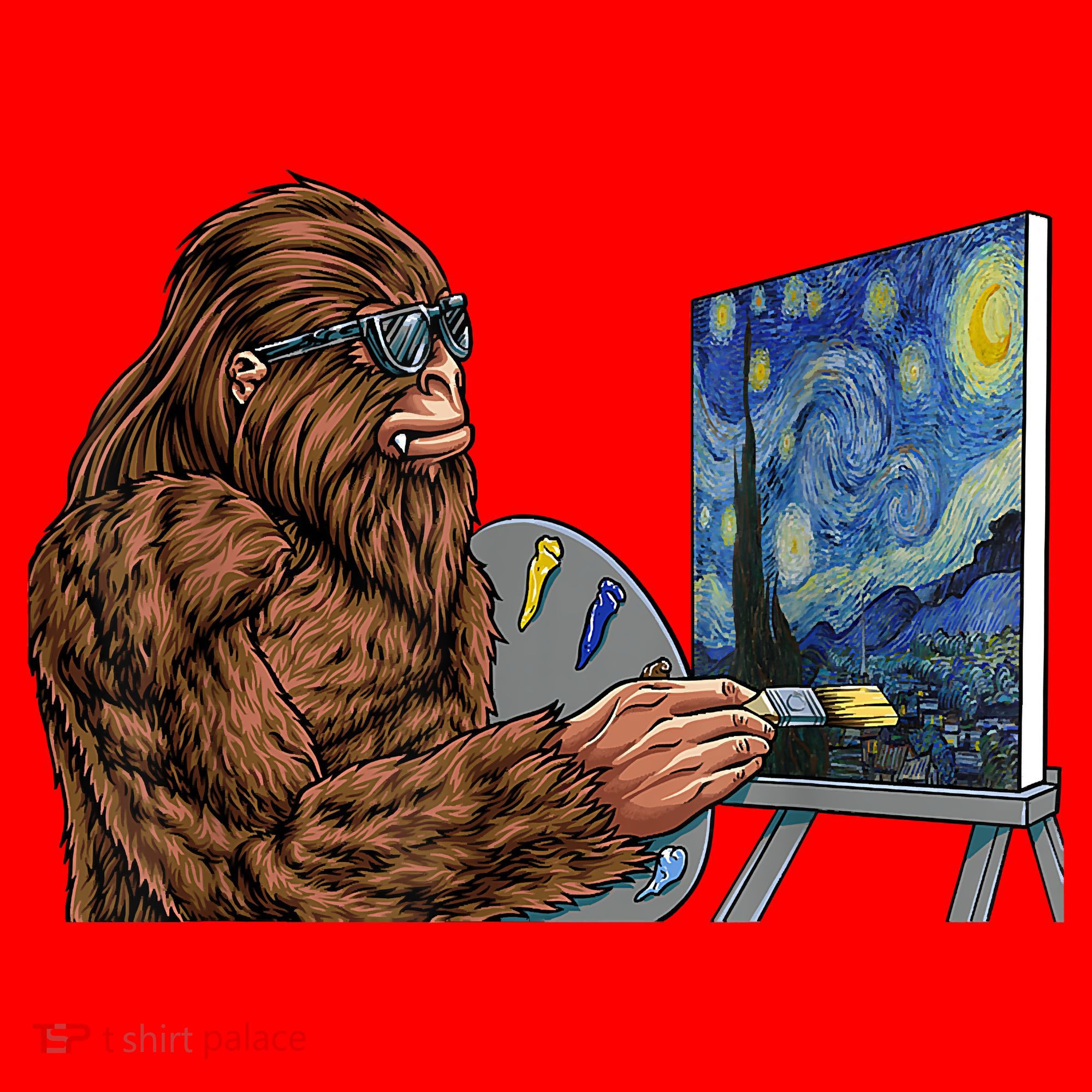Starry Night Bigfoot Painting Funny Sasquatch Graphic Art Santa Hat