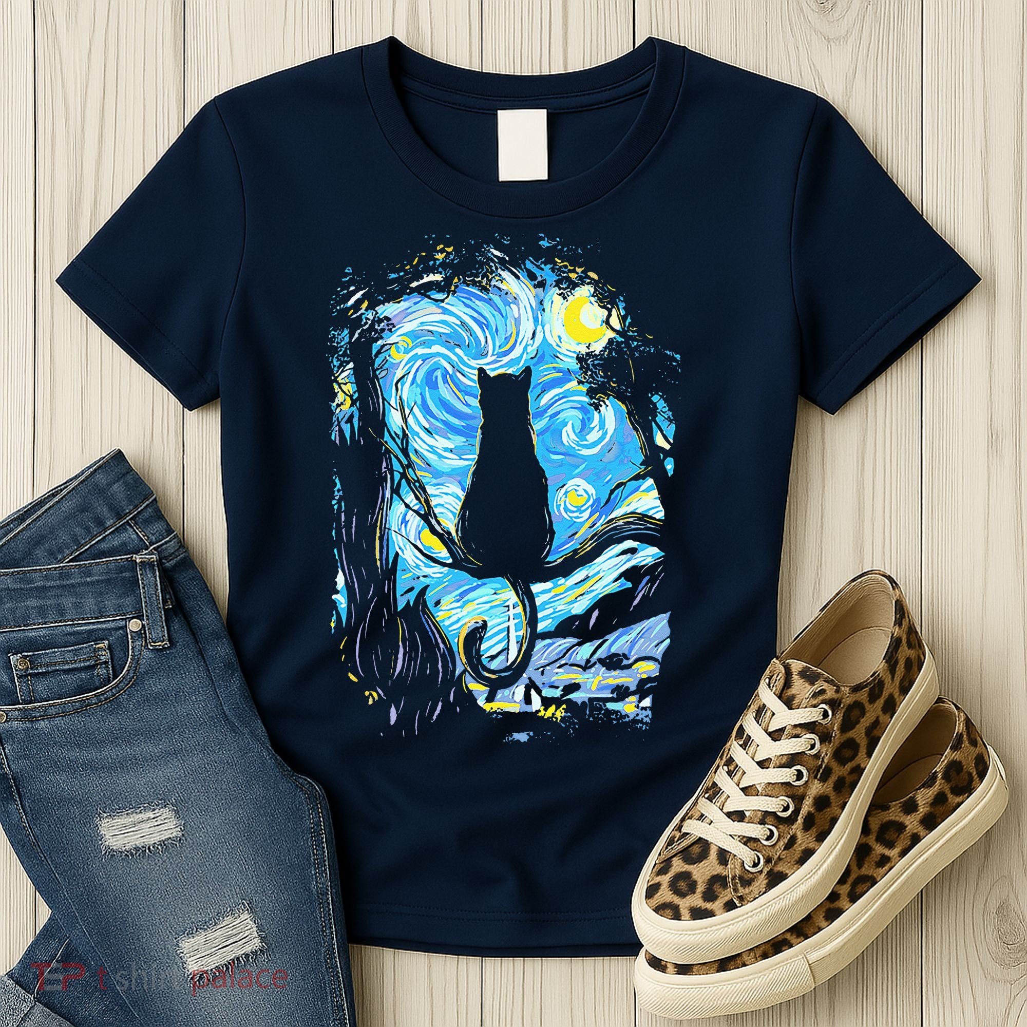 Starry Night Cat Van Gogh Cat Women's T-Shirt