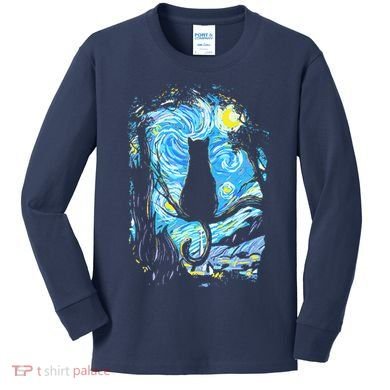 Starry Night Cat Van Gogh Cat Kids Long Sleeve Shirt