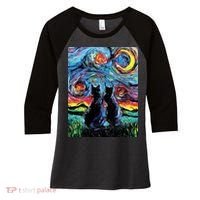 Scary Night Cat Van Gogh Art Women's Tri-Blend 3/4-Sleeve Raglan Shirt thumb 0