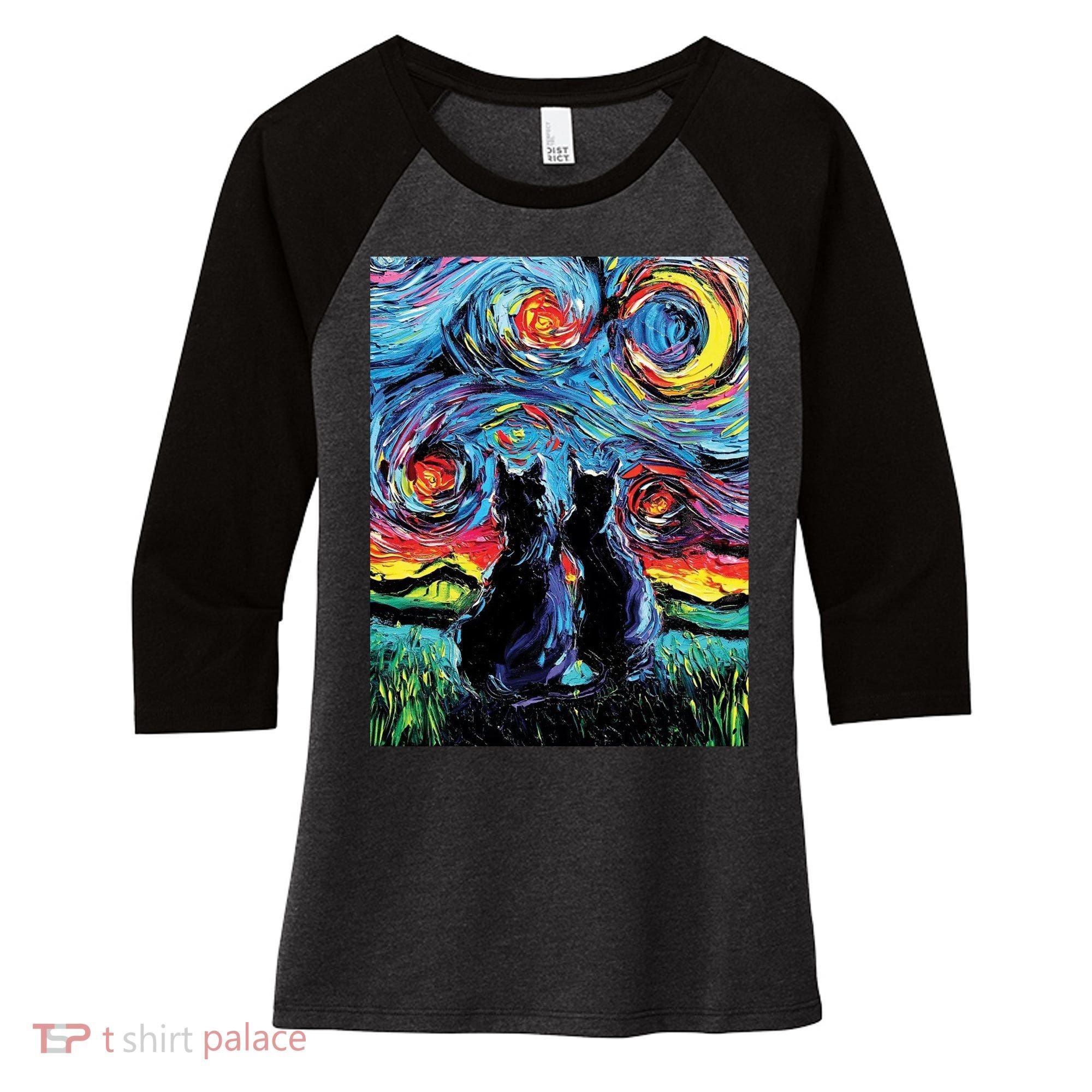 Scary Night Cat Van Gogh Art Women's Tri-Blend 3/4-Sleeve Raglan Shirt