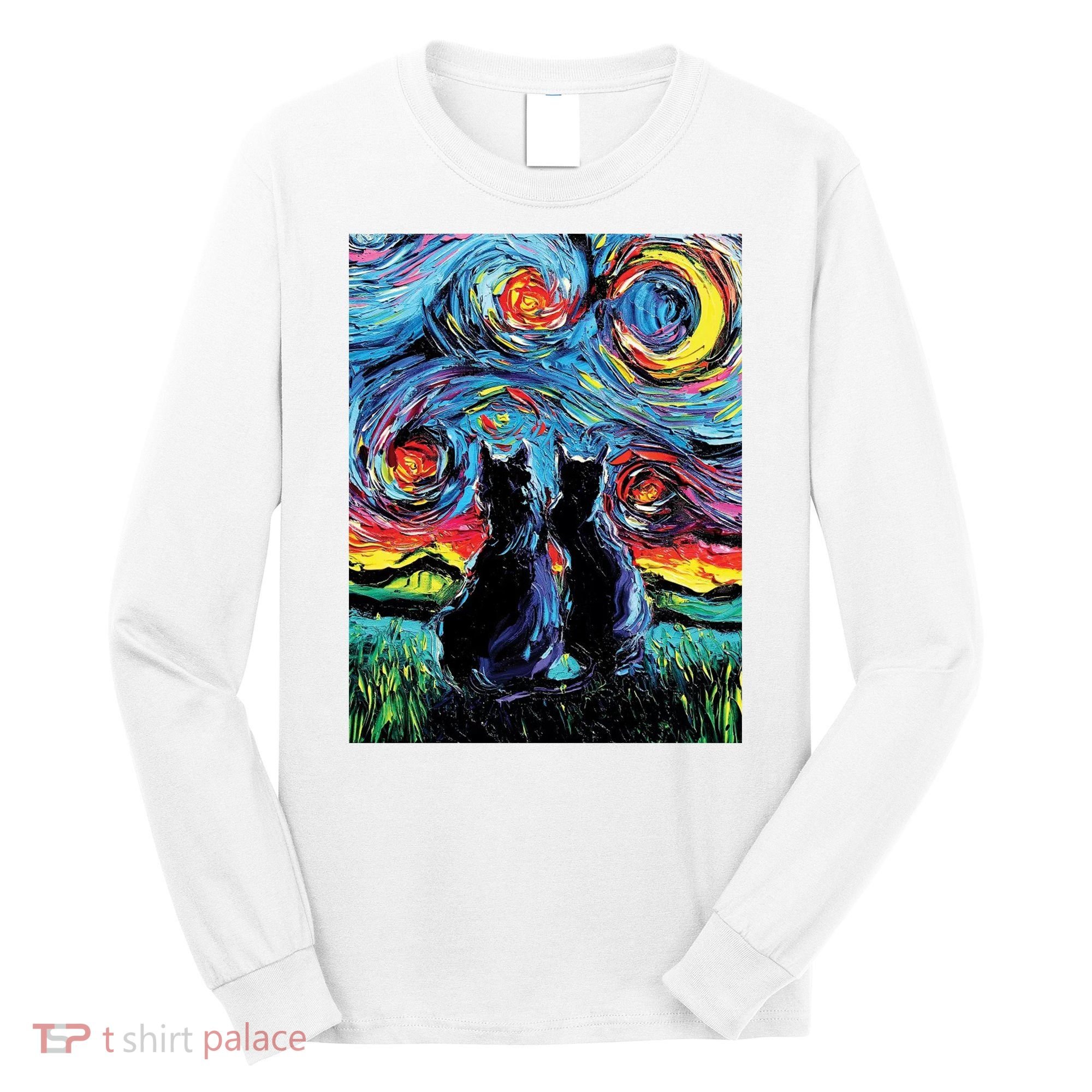 Scary Night Cat Van Gogh Art Long Sleeve Shirt