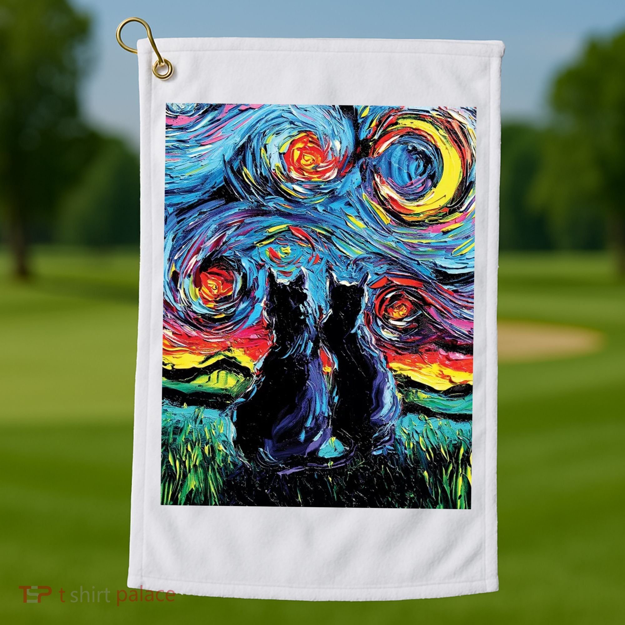 Scary Night Cat Van Gogh Art Golf Towel