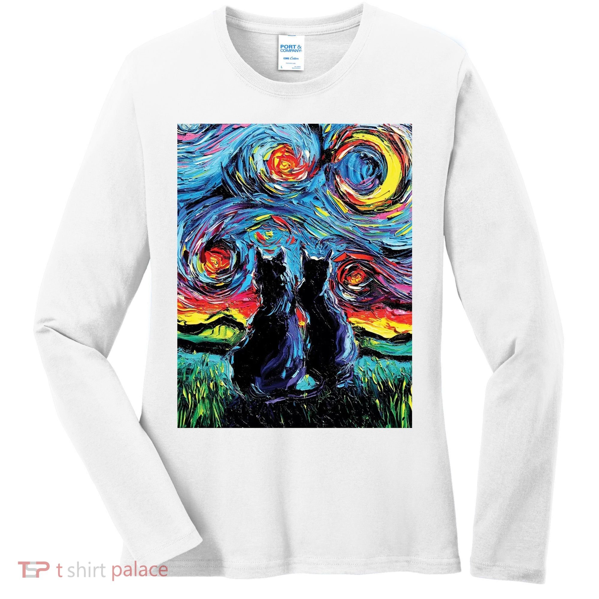 Scary Night Cat Van Gogh Art Women's Long Sleeve Shirt