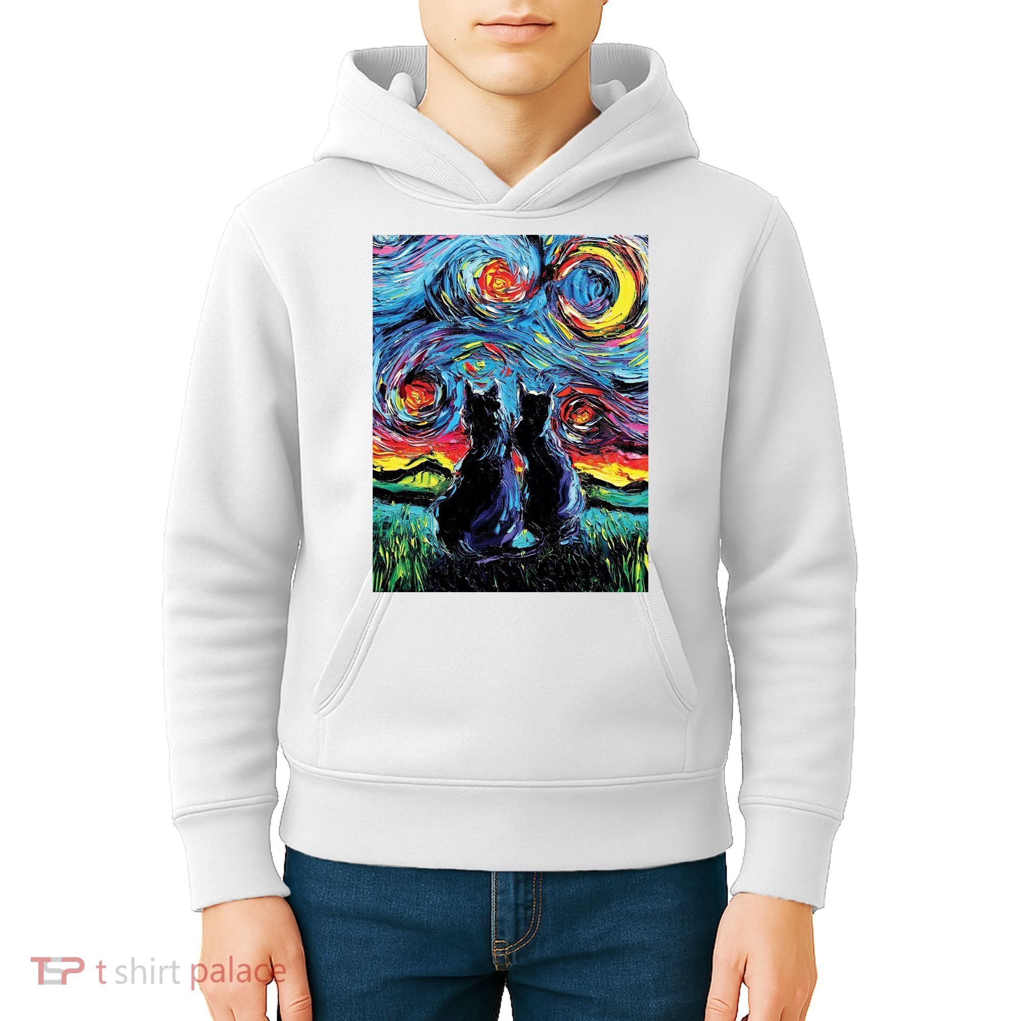 Scary Night Cat Van Gogh Art Kids Hoodie