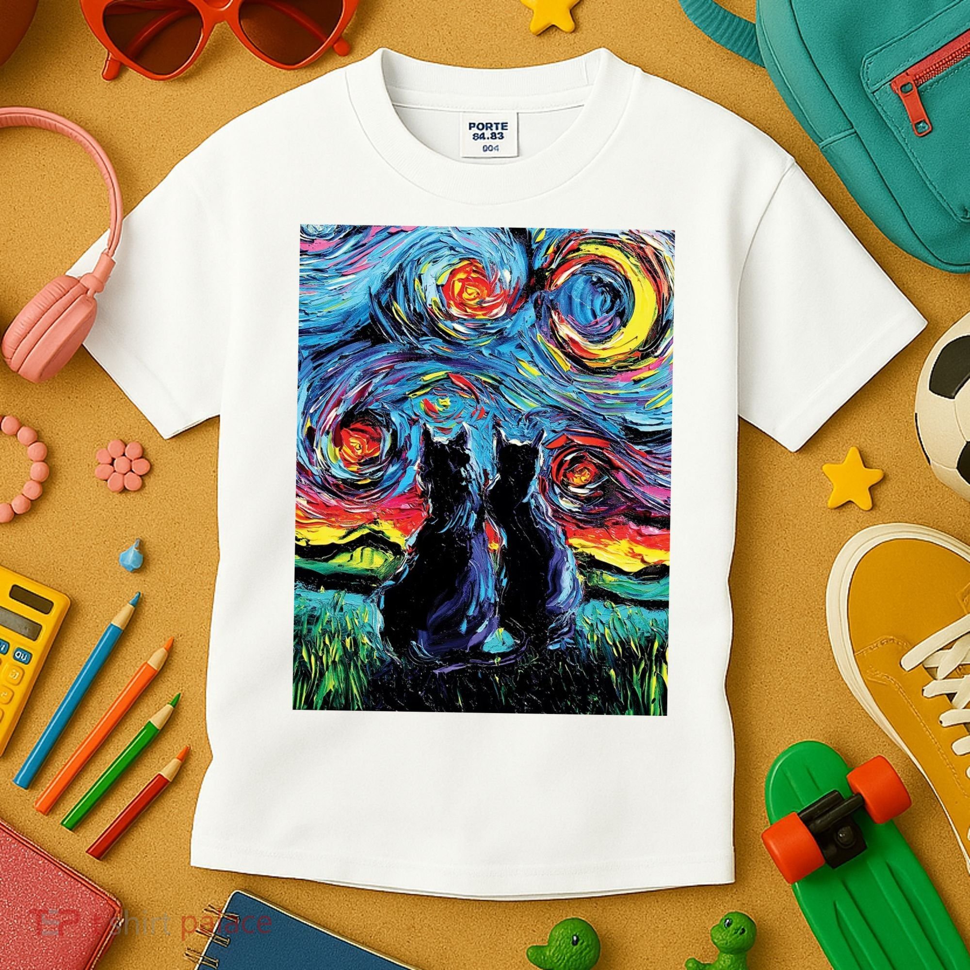 Scary Night Cat Van Gogh Art Kids T-Shirt