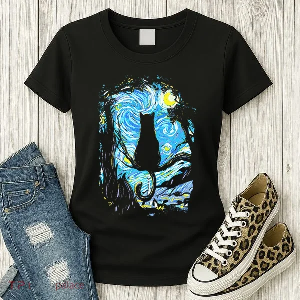 Starry Night Cat Van Gogh Cat Women's T-Shirt