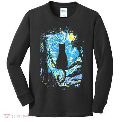 Starry Night Cat Van Gogh Cat Kids Long Sleeve Shirt