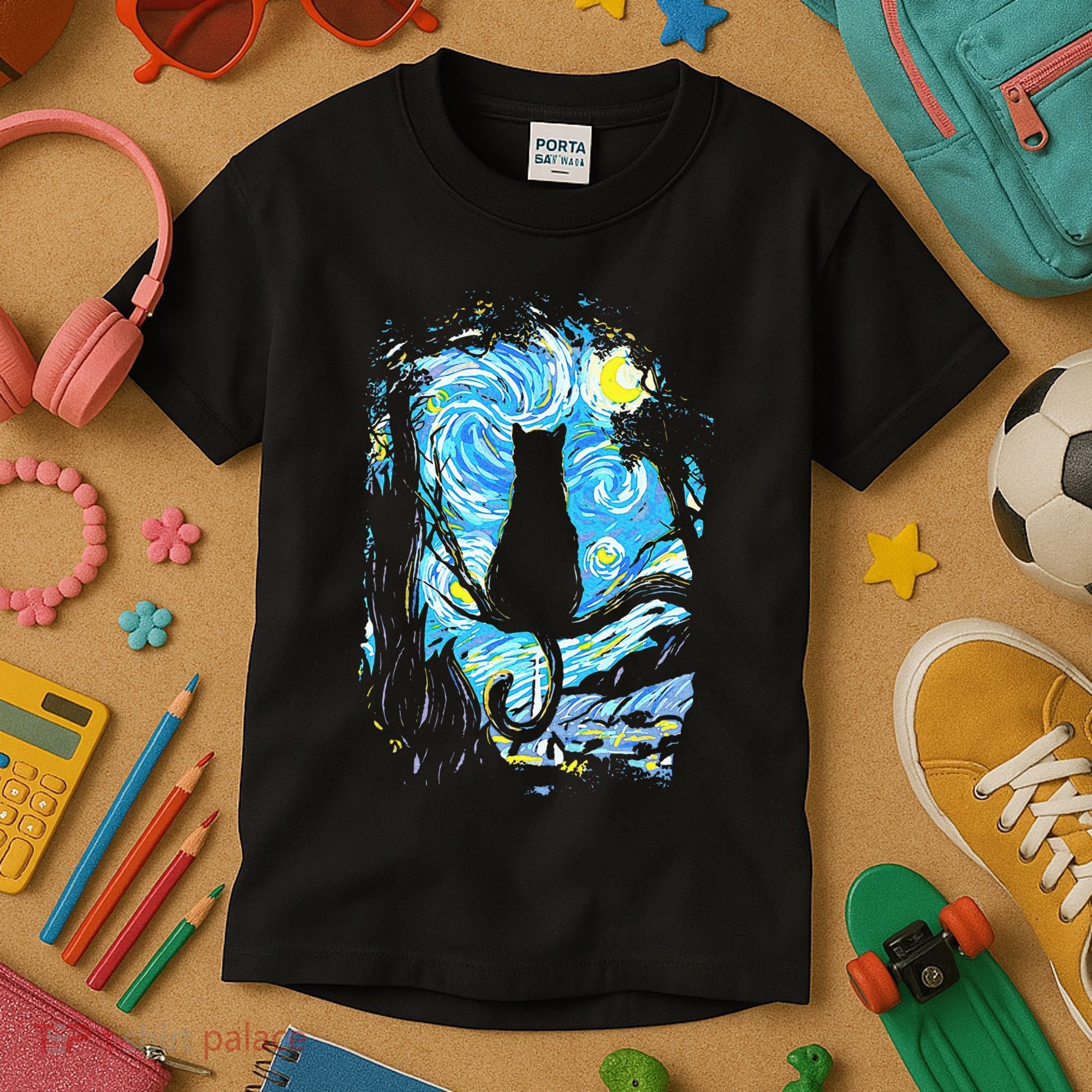 Starry Night Cat Van Gogh Cat Kids T-Shirt