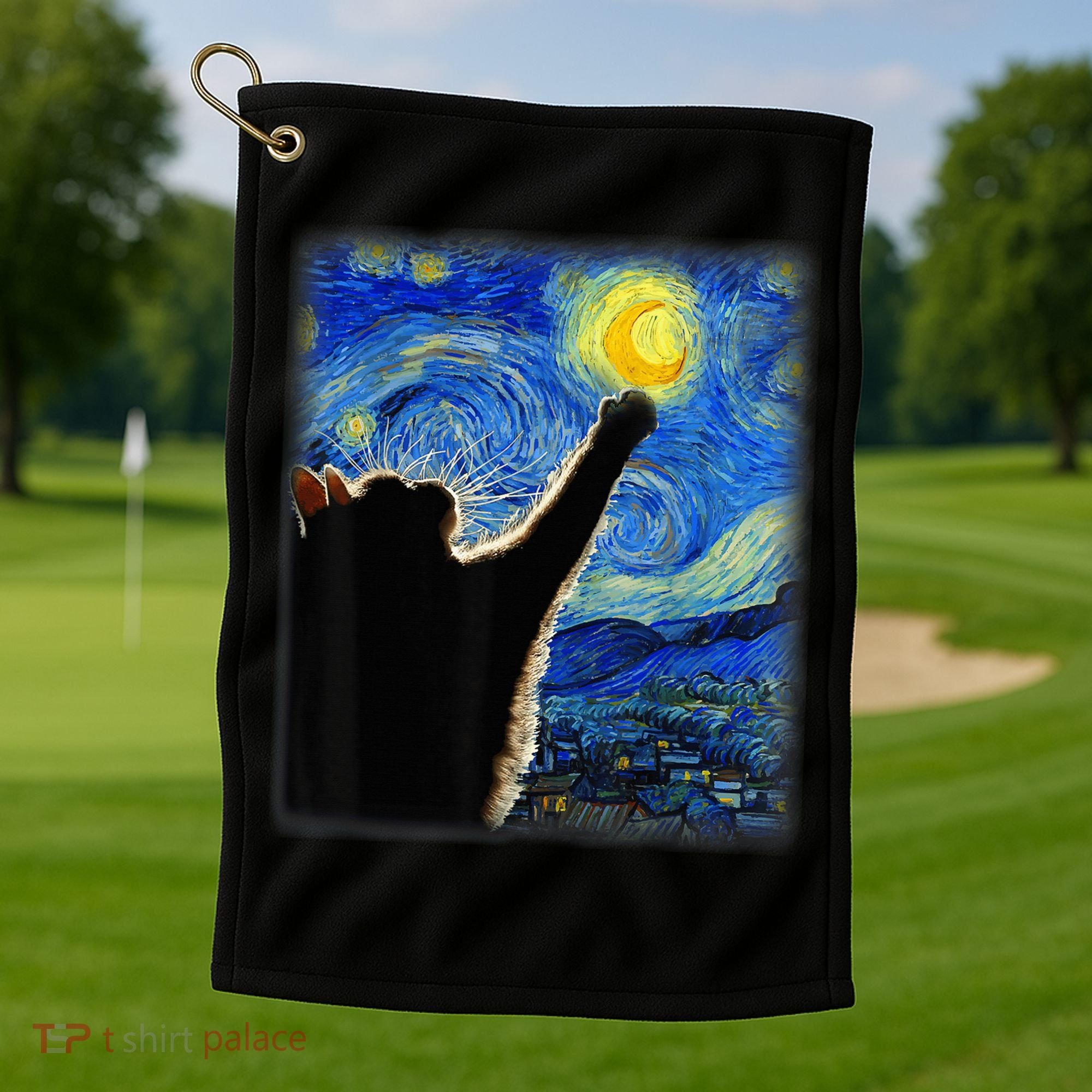 Starry Night Cat, Van Gogh Cat, Cat Lover, Cat Mom, Cat Dad Golf Towel