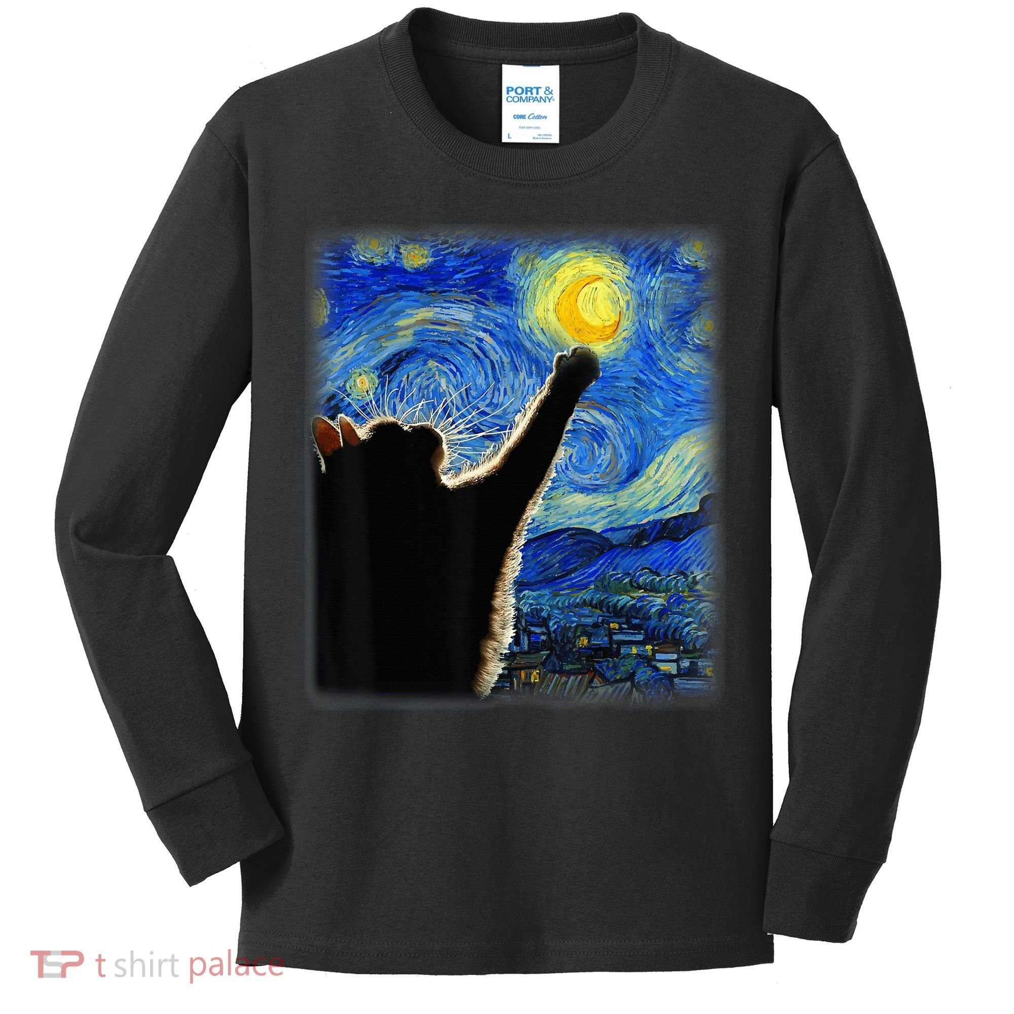 Starry Night Cat, Van Gogh Cat, Cat Lover, Cat Mom, Cat Dad Kids Long Sleeve Shirt