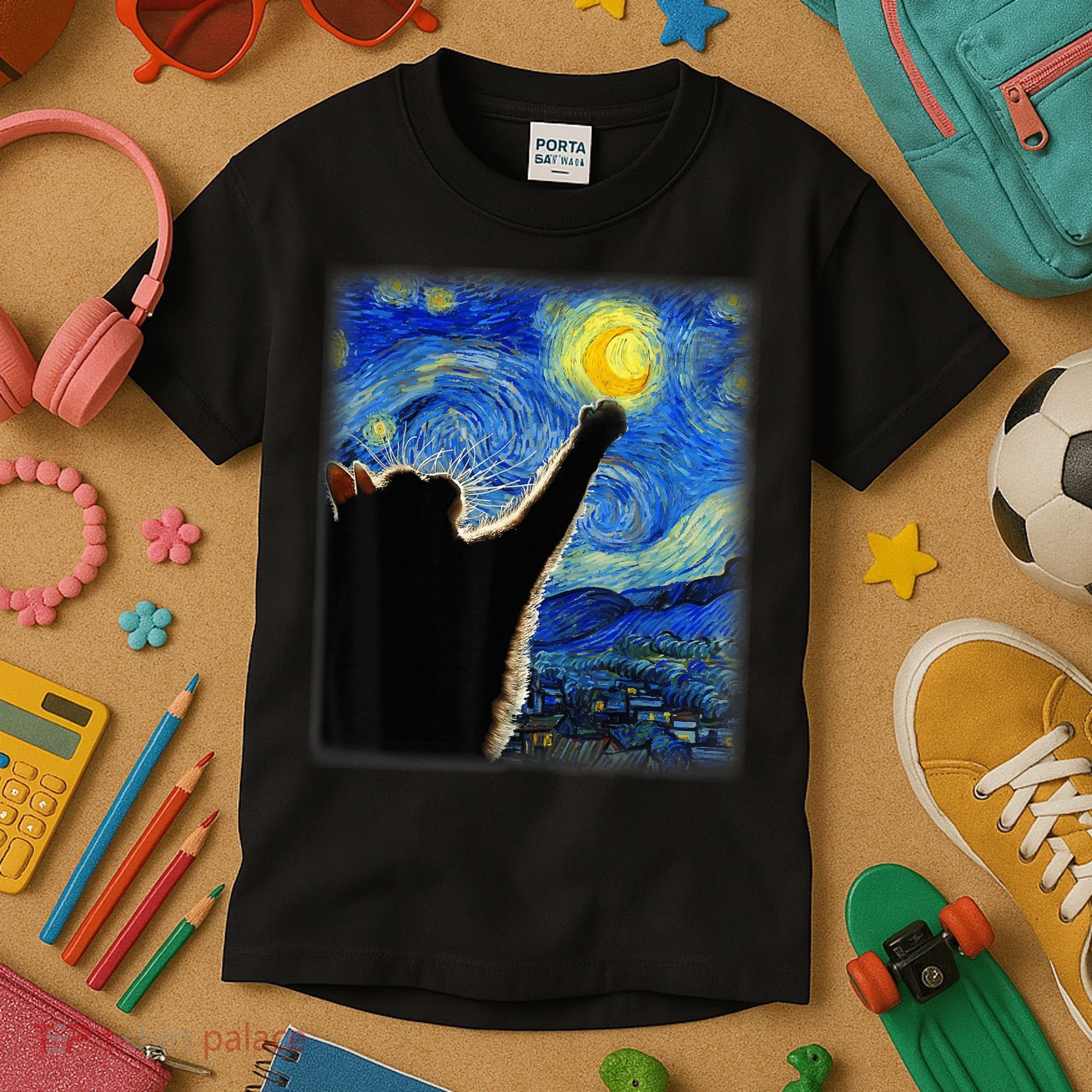Starry Night Cat, Van Gogh Cat, Cat Lover, Cat Mom, Cat Dad Kids T-Shirt
