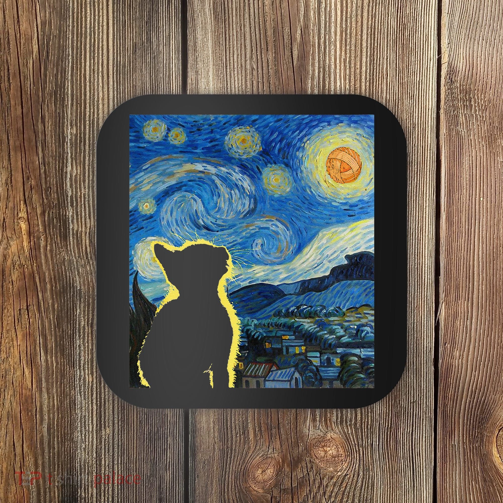 Starry Night Cat Van Gogh Cat Cat Lover Cat Mom Cat Dad Coaster