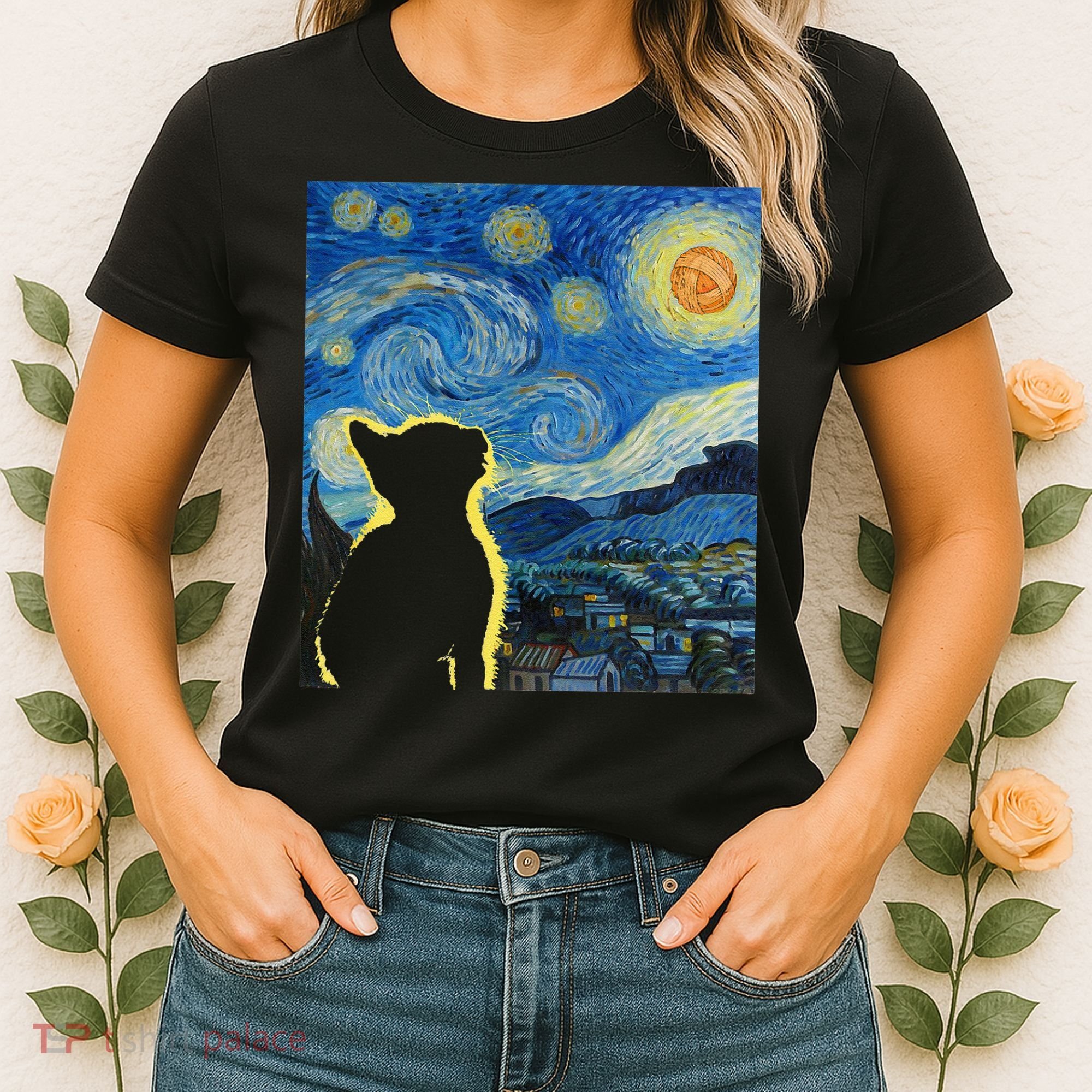 Starry Night Cat Van Gogh Cat Cat Lover Cat Mom Cat Dad Women's T-Shirt