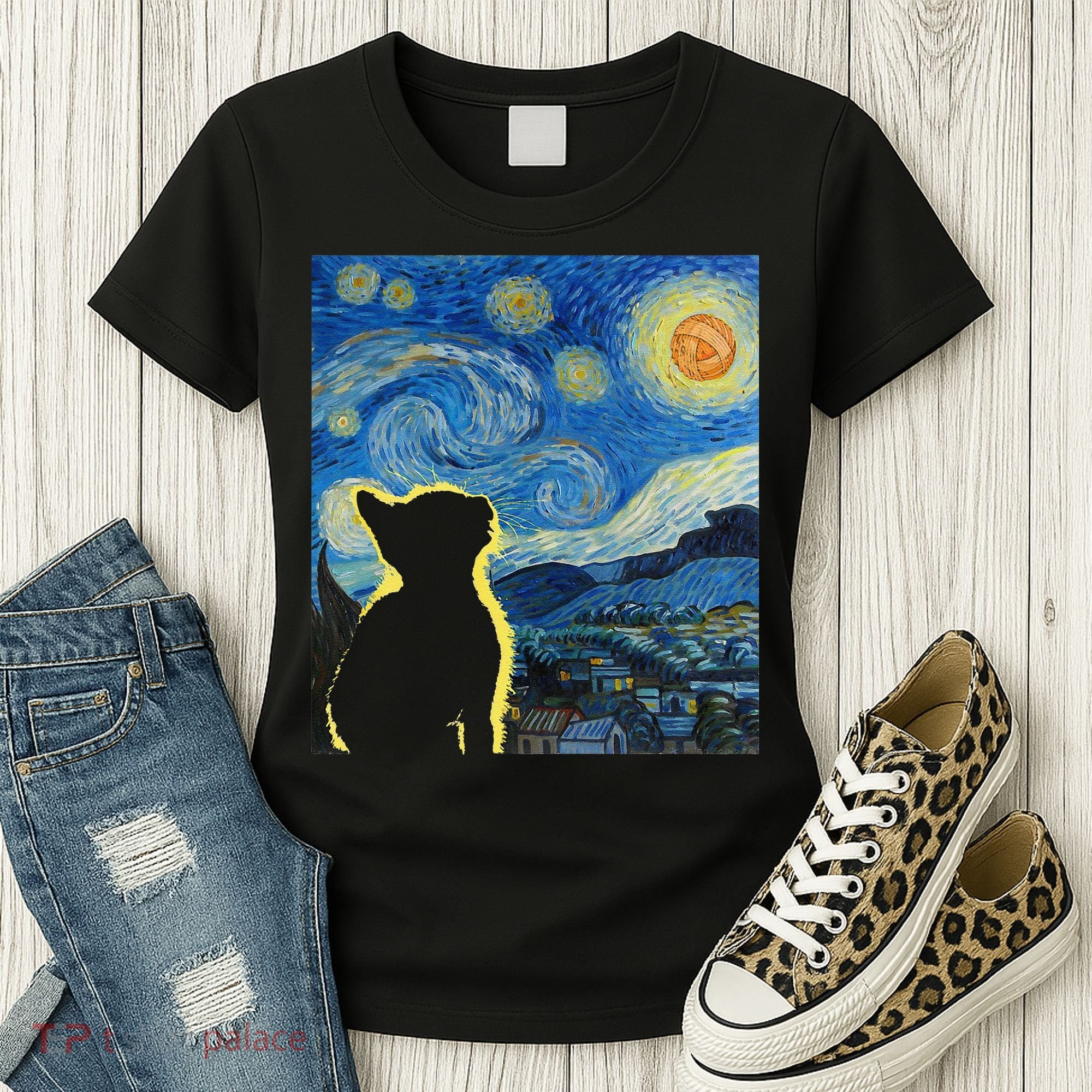 Starry Night Cat Van Gogh Cat Cat Lover Cat Mom Cat Dad Women's T-Shirt