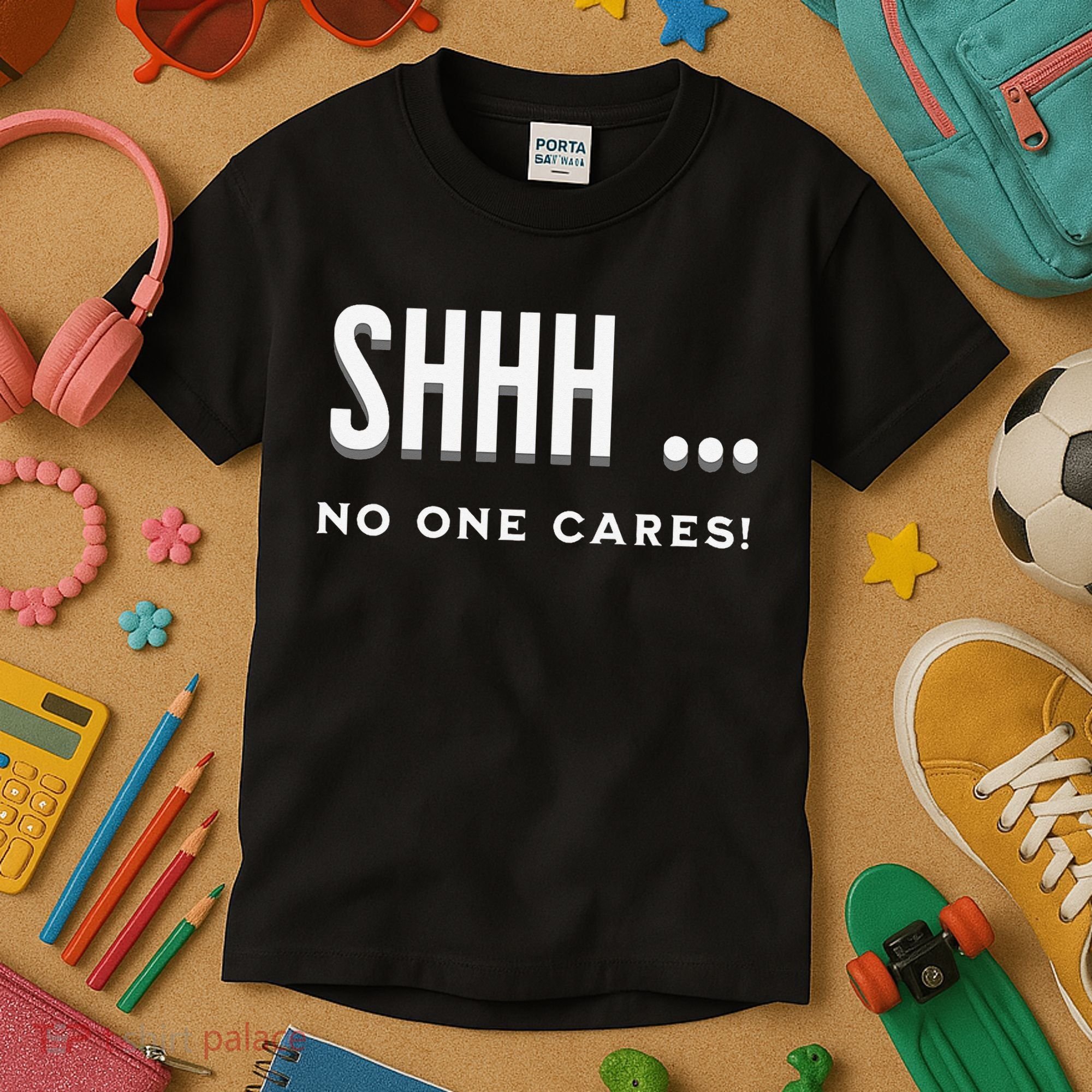 Shhh No One Cares Graphic Novelty Sarcastic Funny Kids T-Shirt