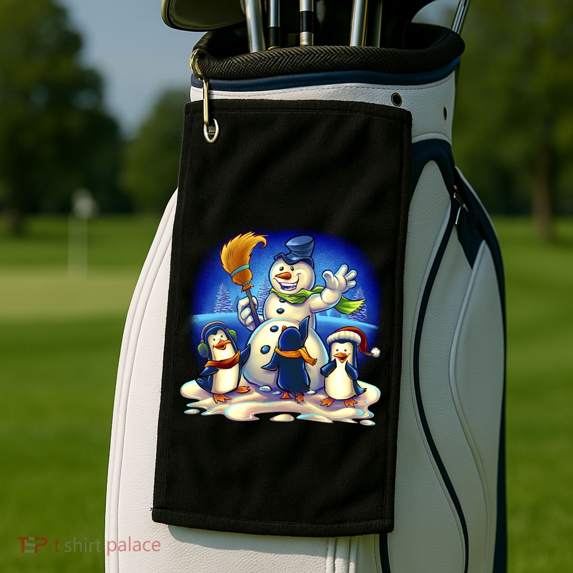 Snowman With Penguins Having Fun Golf Towel
