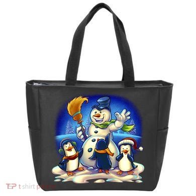 Snowman With Penguins Having Fun Tote Bag