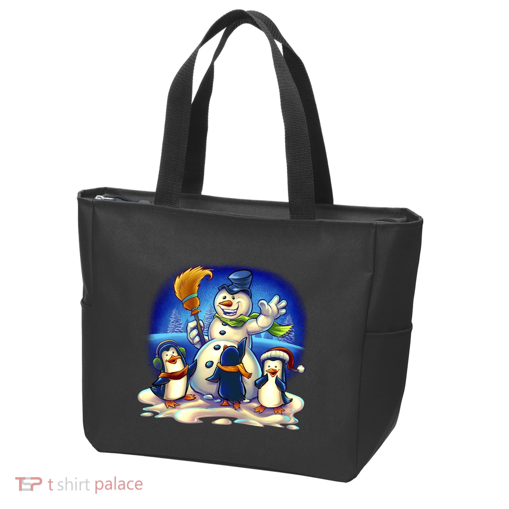 Snowman With Penguins Having Fun Tote Bag