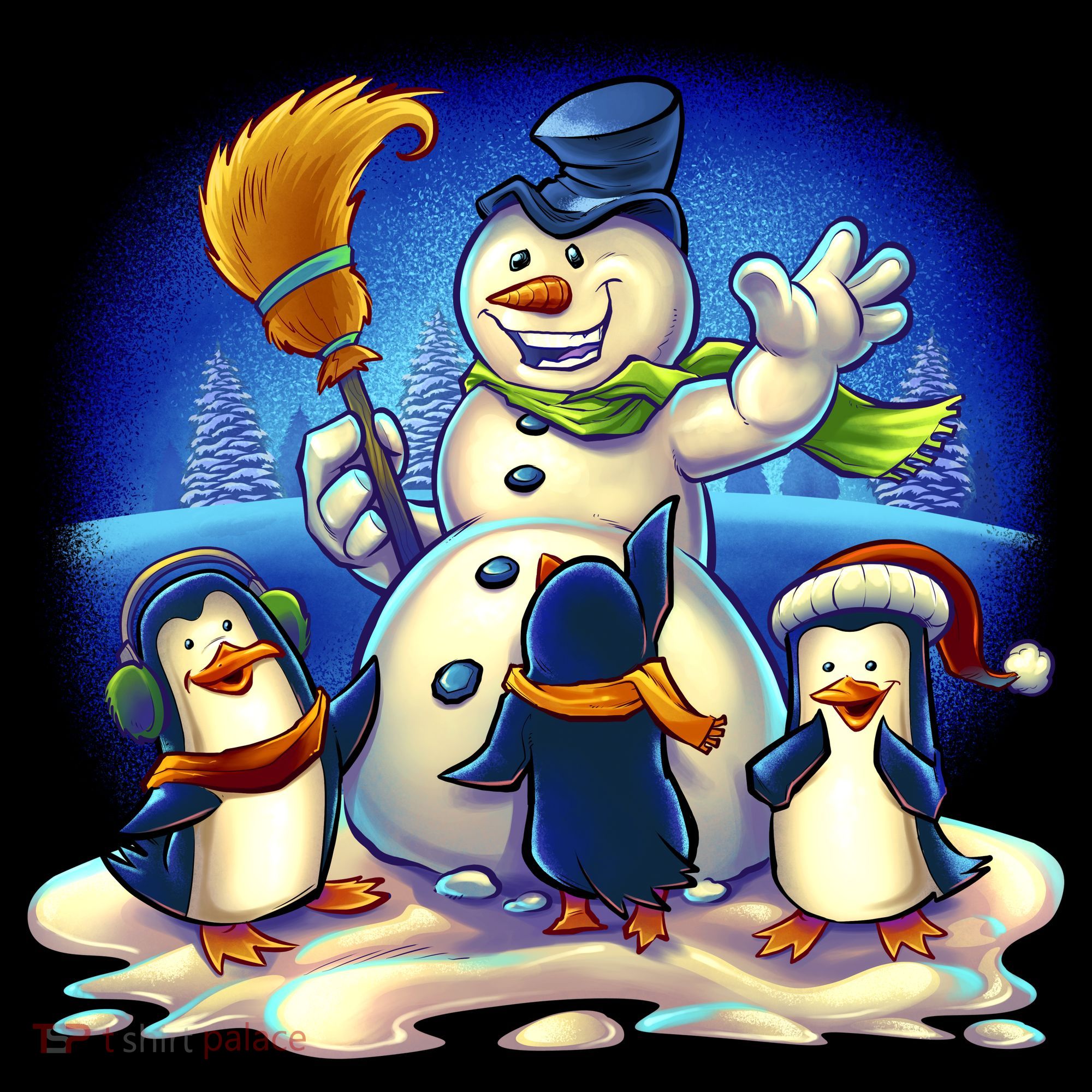 Snowman With Penguins Having Fun Tote Bag