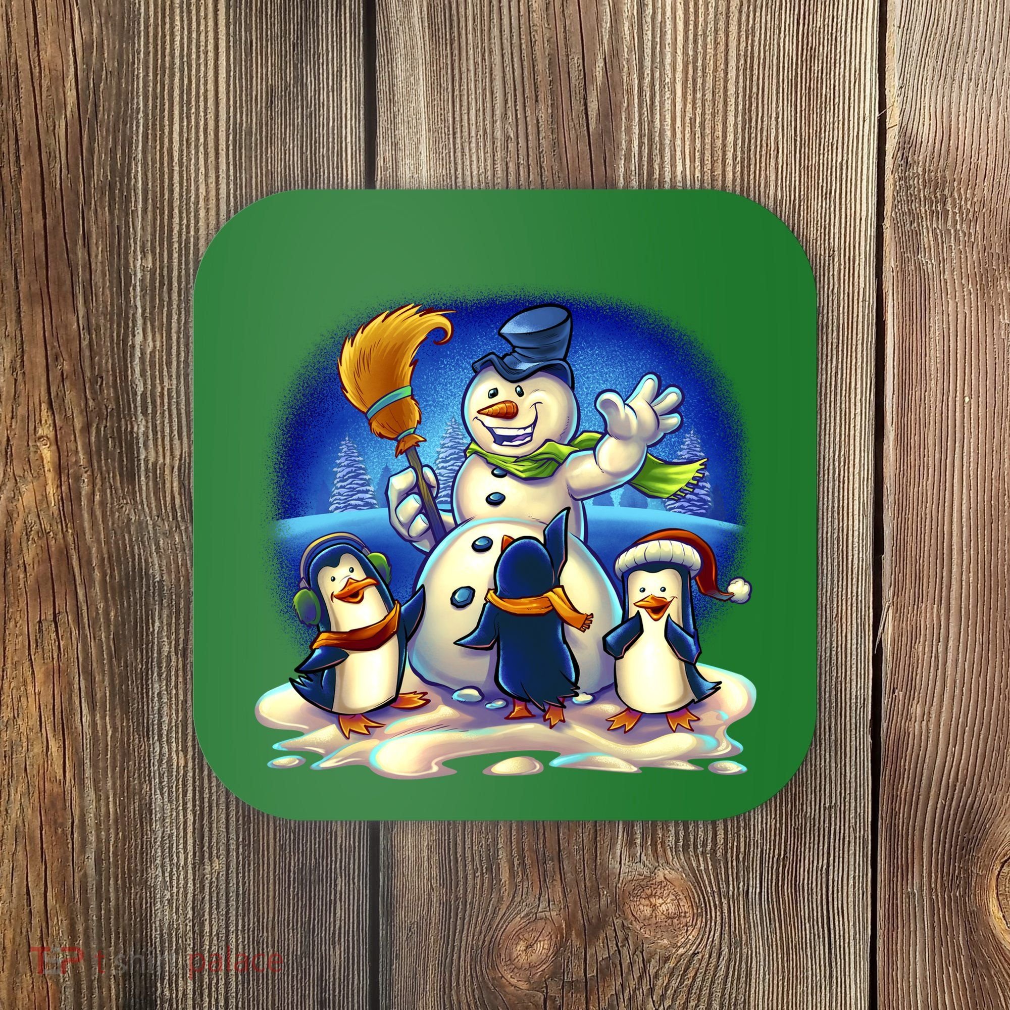 Snowman With Penguins Having Fun Coaster