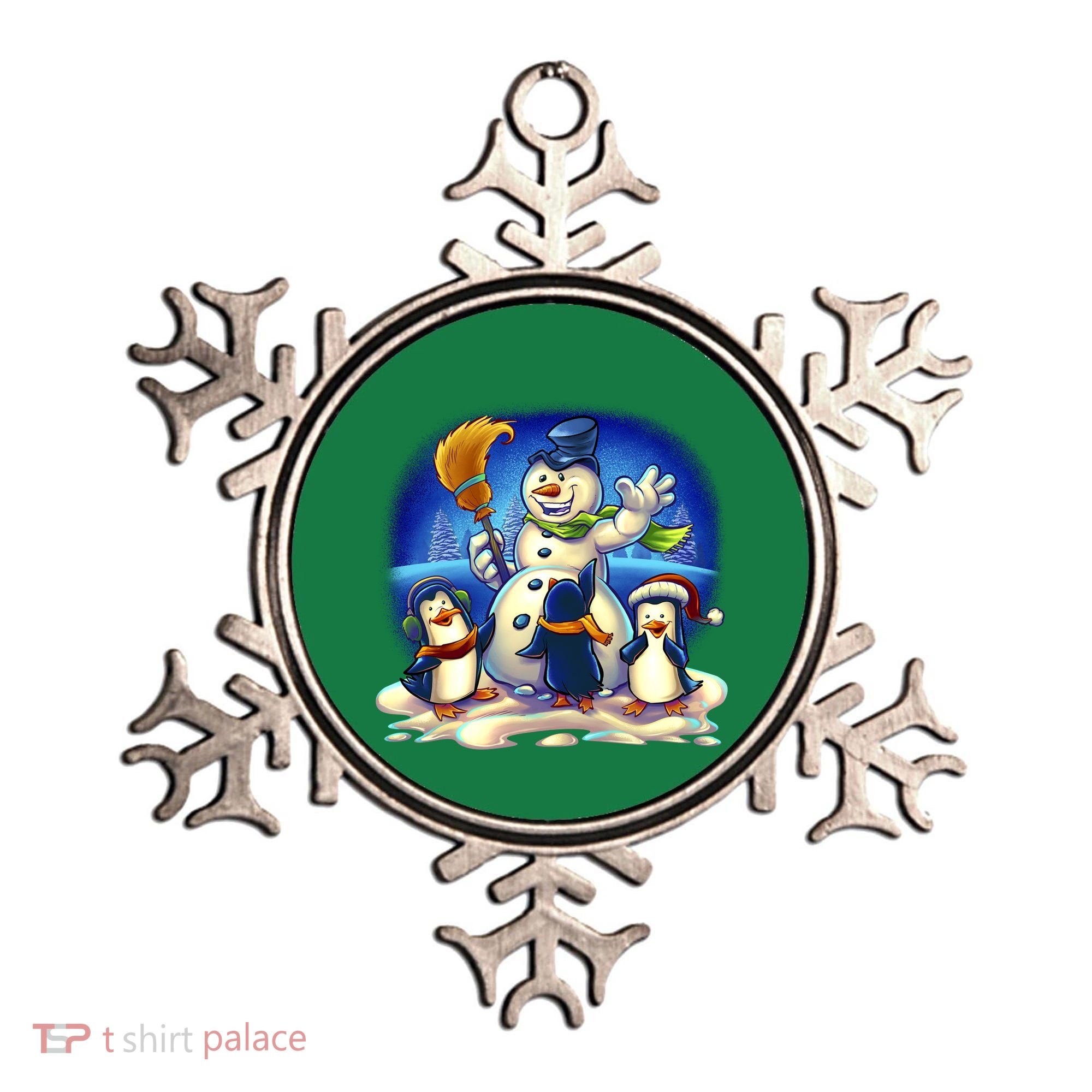 Snowman With Penguins Having Fun Ornament