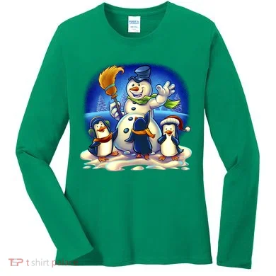 Snowman With Penguins Having Fun Women's Long Sleeve Shirt